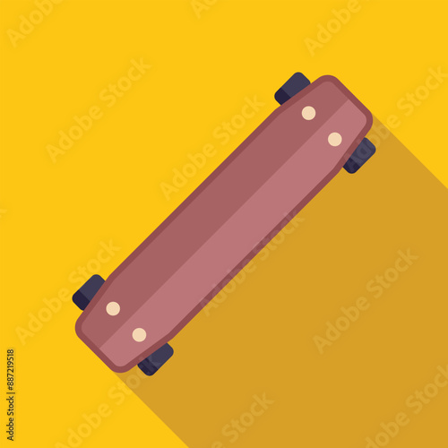 Longboard skateboard lying on a yellow background with a long shadow