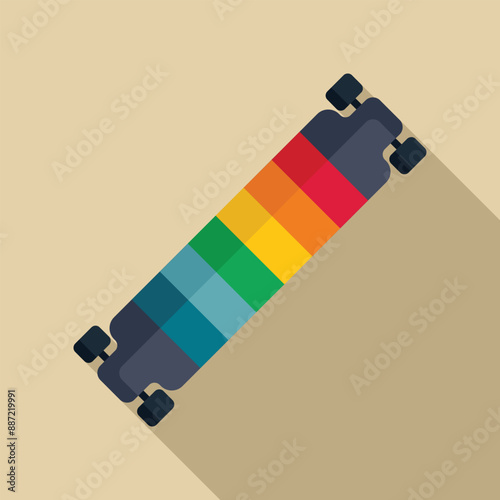 Colorful longboard skateboard standing on diagonal on a beige background with a long shadow