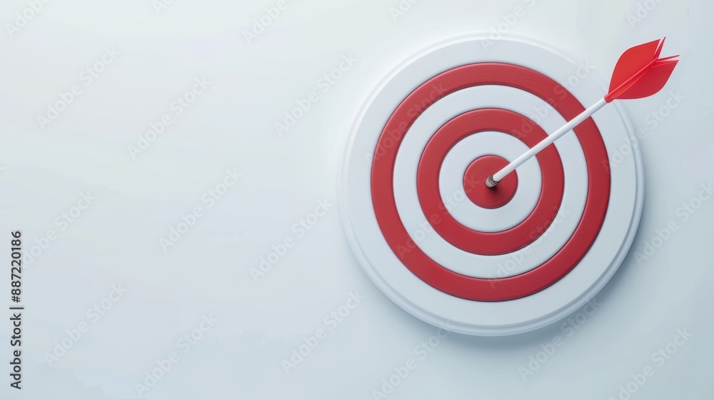 Red Arrow Hitting the Center of a Red and White Target on a White Background Red Arrow Hitting the Center of a Red and White Target on a White Background