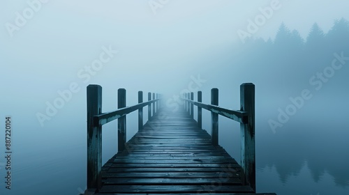 Serene Wooden Pier Extending into Misty Lake with Foggy Forest Background at Dawn © FoxGrafy