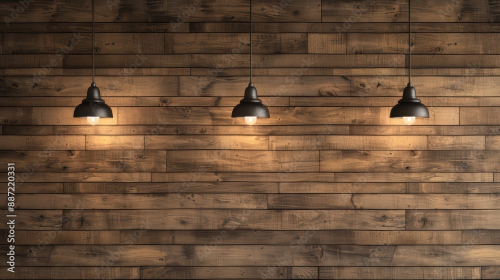 Obraz premium Modern Industrial Pendant Lights Against Rustic Wooden Wall Background in Cozy Interior Setting