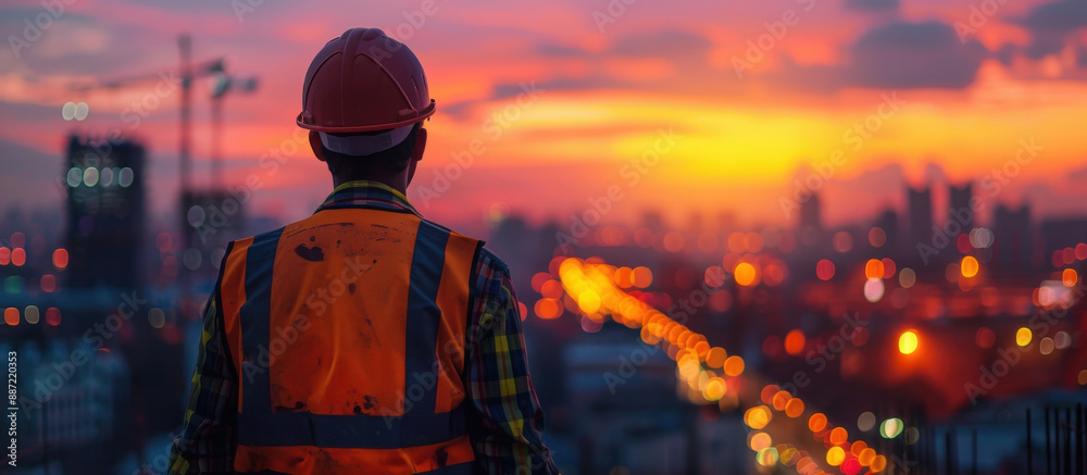 Back view of a construction worker in safety gear observing the city skyline at sunset, with bokeh lights in the background. Back view of a construction worker in safety gear observing the city skyline at sunset, with bokeh lights in the background.