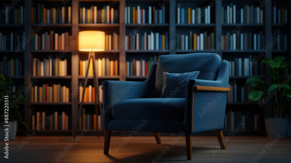 Cozy Reading Nook with Armchair and Lamp in Front of a Bookshelf in a Modern Home Library Cozy Reading Nook with Armchair and Lamp in Front of a Bookshelf in a Modern Home Library