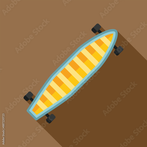 Yellow longboard skateboard with black wheels lying on brown background, flat design style