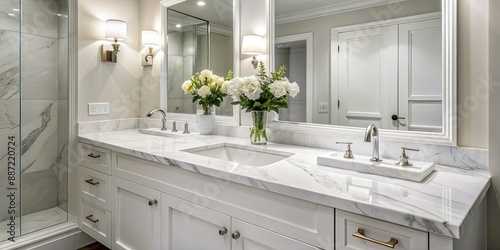 Elegant white bathroom interior features undermount washbasin and sleek faucet atop white marble counter, exuding modern luxury and minimalism in serene washroom ambiance.