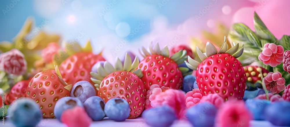 Vibrant Berry Platform A vibrant display platform featuring an array of fresh berries like strawberries, blueberries, and raspberries, set against a colorful background. 