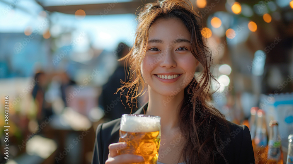 ビアガーデンでビールを飲む女性 ビアガーデンでビールを飲む女性
