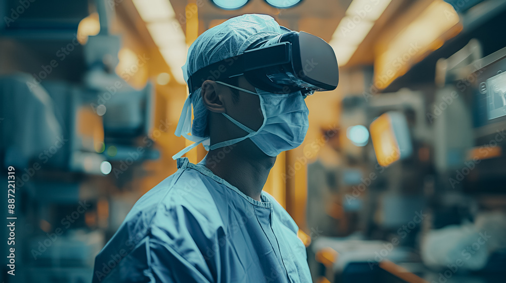 Obraz premium A man in a white lab coat wearing a mask and a hat is looking at a computer screen