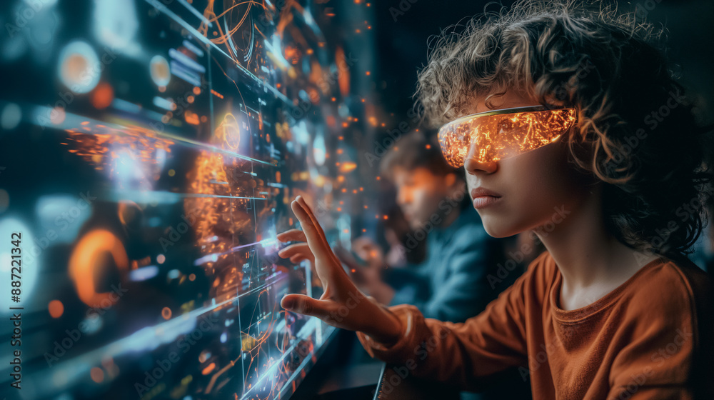 A young boy wearing a pair of virtual reality goggles is reaching out to touch a glowing screen. Concept of wonder and excitement as the girl explores the digital world A young boy wearing a pair of virtual reality goggles is reaching out to touch a glowing screen. Concept of wonder and excitement as the girl explores the digital world