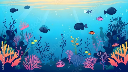 Underwater cartoon flat background with fish silhouettes
