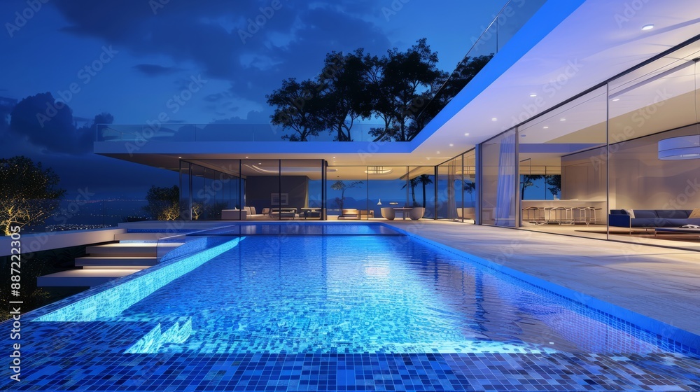 Obraz premium Luxury House With Swimming Pool At Night
