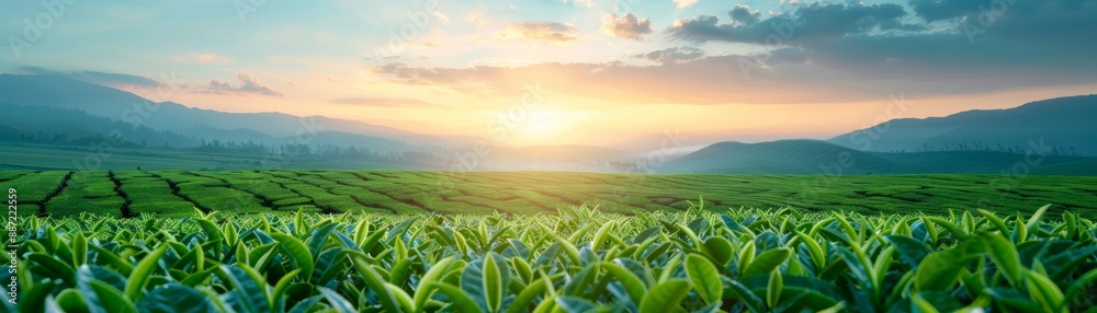 Sunrise Over Lush Tea Plantation Landscape Sunrise Over Lush Tea Plantation Landscape