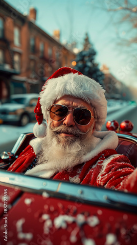 santa claus with attitude and style sunglsees driving a vintage convertible car