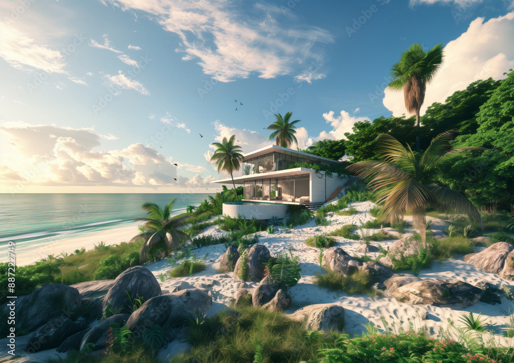 Naklejka premium Stunning modern villa located by the seaside on a tropical island