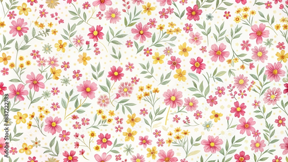 Delicate yellow and pink floral pattern on a white background, featuring small flowers, ideal for elegant fashion print templates. Delicate yellow and pink floral pattern on a white background, featuring small flowers, ideal for elegant fashion print templates.