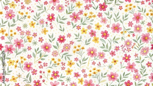 Delicate yellow and pink floral pattern on a white background, featuring small flowers, ideal for elegant fashion print templates.
