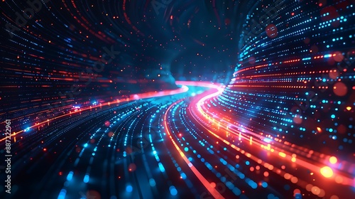 Abstract Background featuring Digital Data Transformation with Glowing Lines and Light Trails