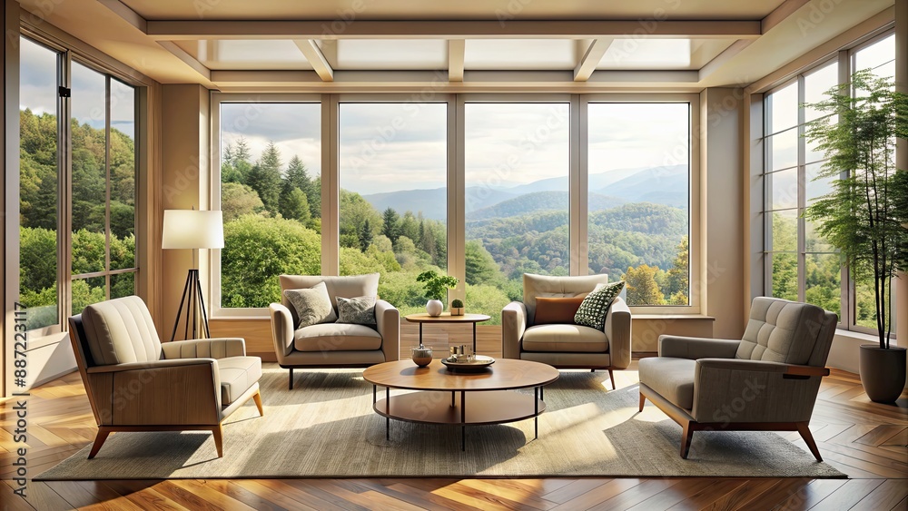 Fototapeta premium Cozy living room with armchairs, coffee table, and panoramic window , home, interior, living room, cozy