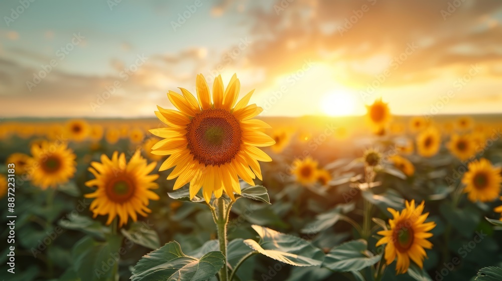 Fototapeta premium Sunflower Field at Sunset in Summer,beautiful sunflower field at sunset, capturing the warm glow of summer with vibrant yellow blooms under a serene sky.