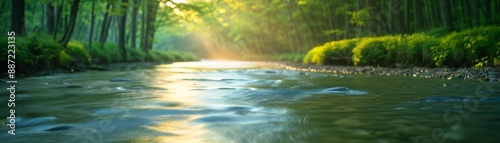 Sunlit Forest Stream with Flowing Water,serene forest stream with sunlight filtering through the trees, casting a golden glow on the flowing water and lush greenery. photo