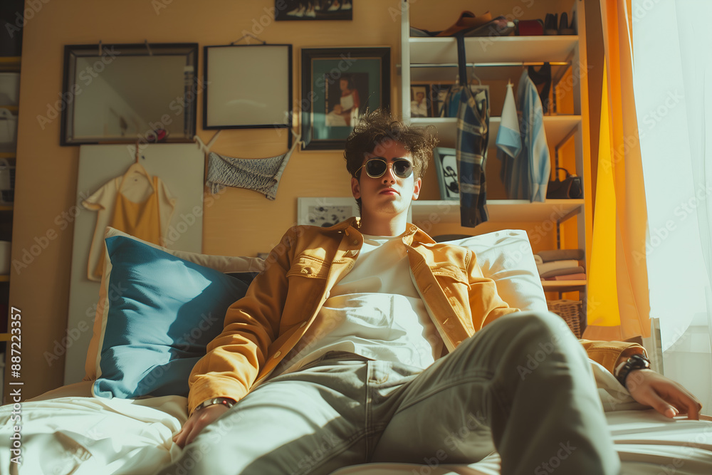 Obraz premium Young man basking in the morning sun, feeling peaceful and carefree in his cozy bedroom