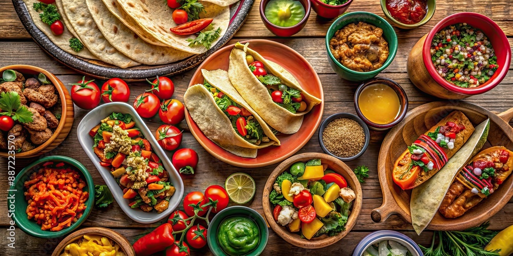 Fototapeta premium Colorful Mexican dishes on the table with tacos, burritos, quesadillas, chili, fajitas, and tortillas, Mexican, dishes