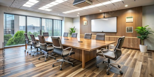 Polished conference room with a sleek wooden table, empty chairs, and a large whiteboard, evoking a sense of professional learning and leadership.