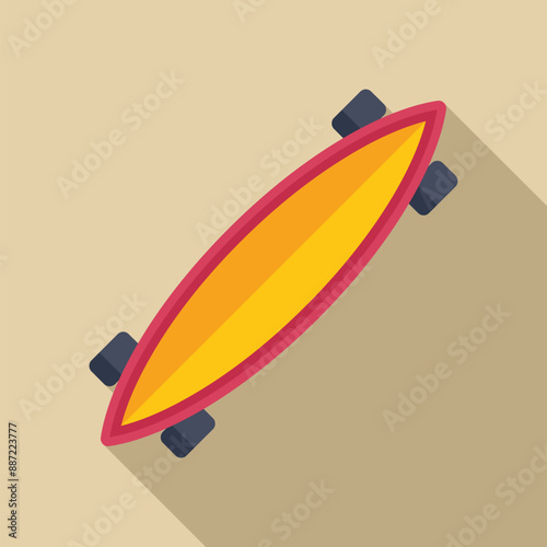 Longboard skateboard deck is lying on the ground, its colorful design and sleek shape hinting at the thrill of riding