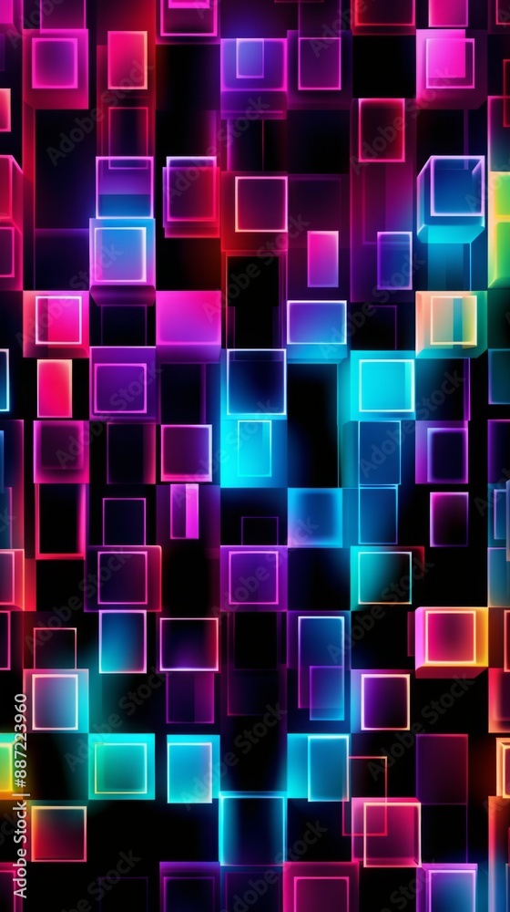 A colorful abstract pattern of neon squares with bright glowing edges A colorful abstract pattern of neon squares with bright glowing edges