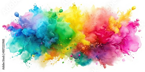 Vibrant watercolor stain splatters in shades of pink, yellow, blue, and green, randomly scattered on a clean white background, creating a playful abstract art piece.