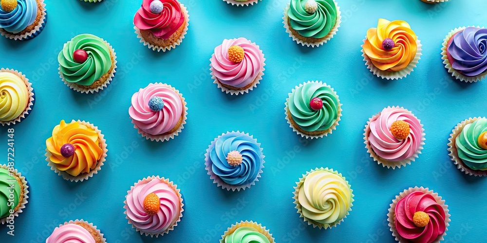 Colorful cupcakes on a vibrant blue background resembling contemporary candy-coated stage backdrops Colorful cupcakes on a vibrant blue background resembling contemporary candy-coated stage backdrops