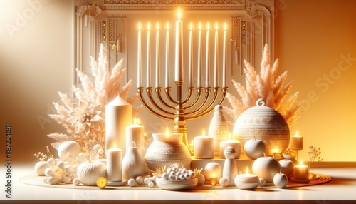 Elegant Hanukkah decoration with lit menorah, white candles, and festive ornaments against a warm backdrop for holiday celebration.