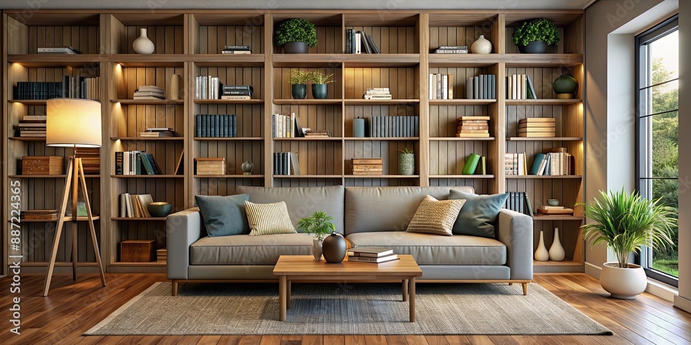 Cozy den with stylish bookcase and comfortable couch for reading , relaxation, escape, literature, cozy, den, stylish Cozy den with stylish bookcase and comfortable couch for reading , relaxation, escape, literature, cozy, den, stylish