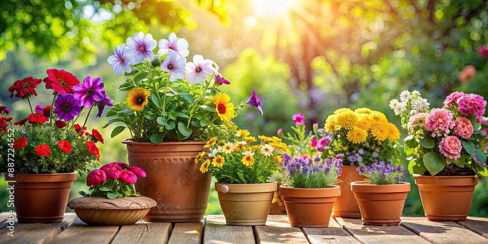 Colorful flowers blooming in various pots on a sunny patio , garden, plant, nature, vibrant, colorful, outdoor, decor, potted Colorful flowers blooming in various pots on a sunny patio , garden, plant, nature, vibrant, colorful, outdoor, decor, potted