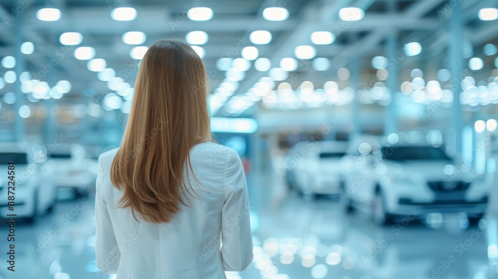 Woman in Car Showroom with Blurred Background Woman in Car Showroom with Blurred Background