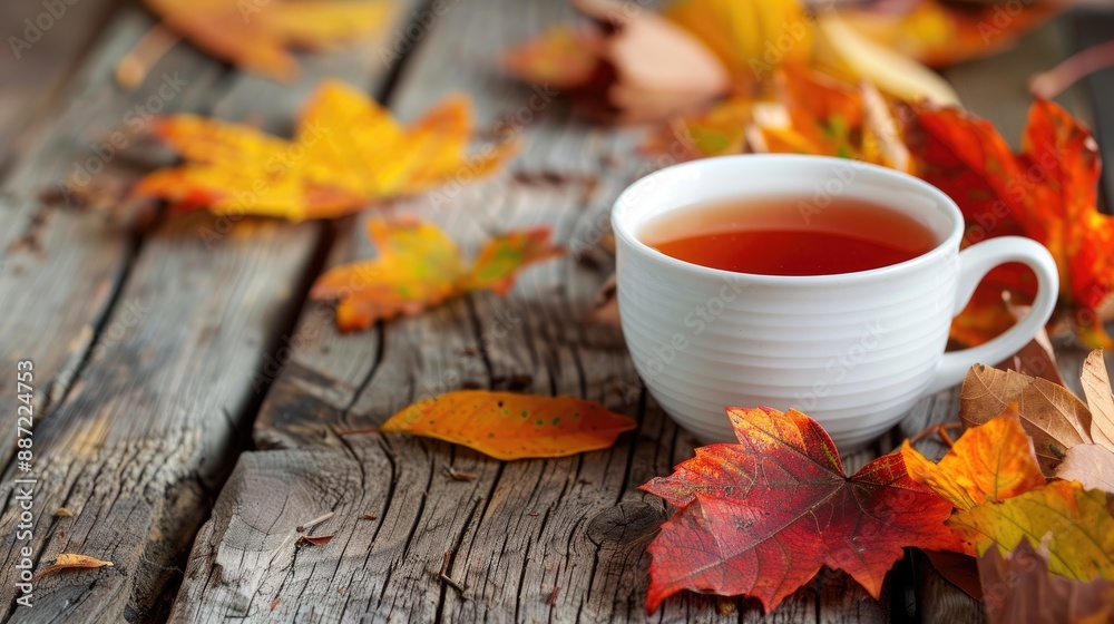 Tea cup on wooden surface with fall foliage Tea cup on wooden surface with fall foliage