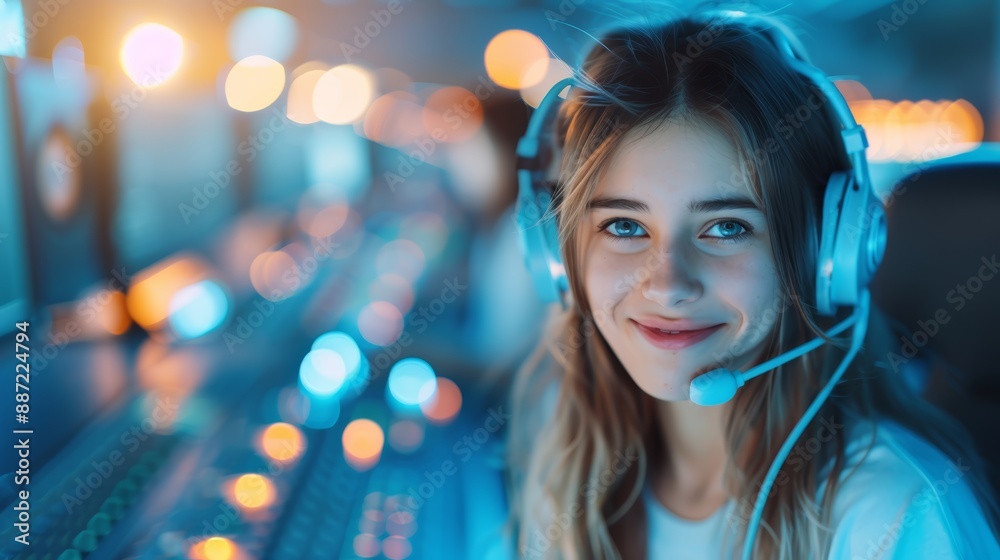 Young woman with headset in tech environment Young woman with headset in tech environment
