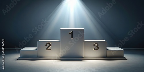 Empty winners podium with places for 1st, 2nd, and 3rd place in rendering on background, winners, podium