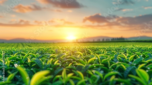 Sunlit Tea Plantation at Sunrise