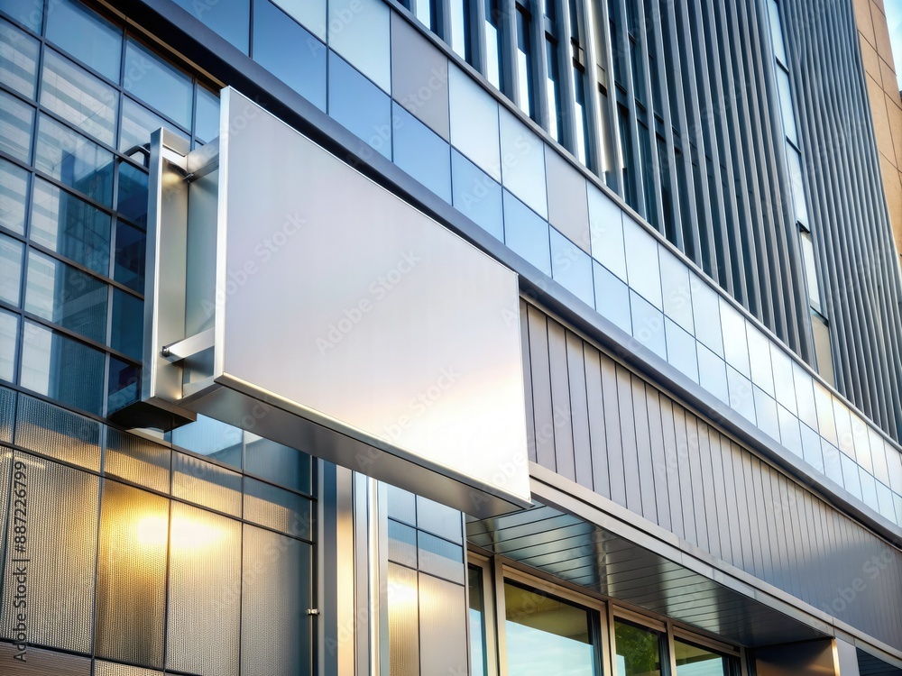Fototapeta premium Modern metallic plates adorn a building's facade, featuring a large, empty square white signage with ample copyspace, ideal for adding custom text or graphics.