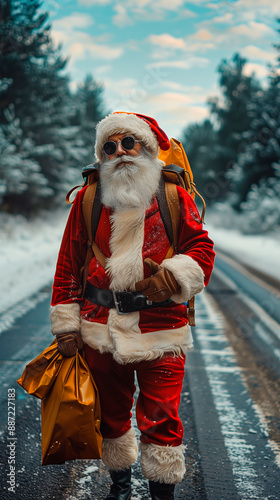 backpacking santa claus on the road traveling with a backpack on an outdoor adventure at christmas