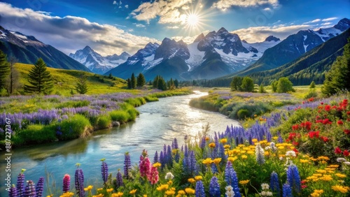 Serene alpine scenery featuring snow-capped mountains, a tranquil river, and a vibrant valley overflowing with colorful wildflowers, set against a brilliant blue sky. photo