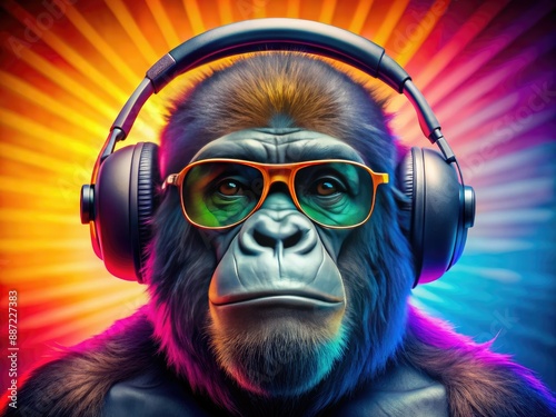 A cool gorilla relaxing in trendy shades and headphones on a vibrant, multi-colored background, evoking a fun and laid-back atmosphere for summer music and podcasting. photo