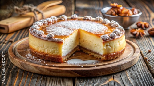 Wallpaper Mural Richly textured cheesecake dessert adorned with powdered sugar and drizzled with golden maple syrup on a rustic wooden platter. Torontodigital.ca