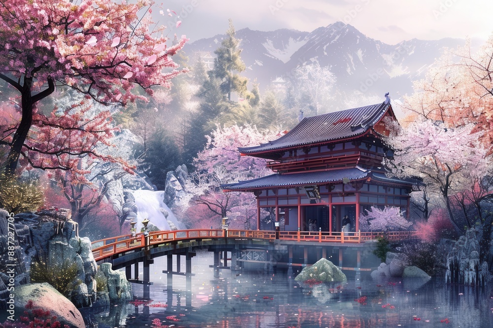 Obraz premium Serene Cherry Blossom Tree. Japanese traditional garden concept