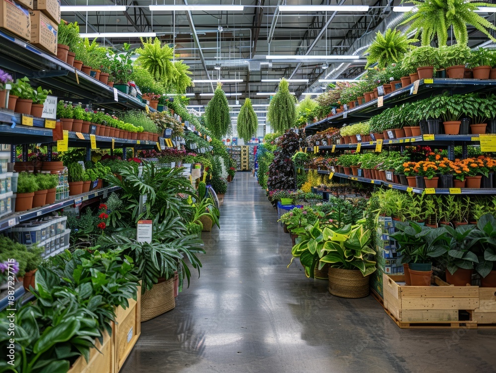 A well-stocked plant nursery with a variety of leafy green plants on shelves and hanging baskets. The aisle is empty, inviting shoppers to browse. A well-stocked plant nursery with a variety of leafy green plants on shelves and hanging baskets. The aisle is empty, inviting shoppers to browse.