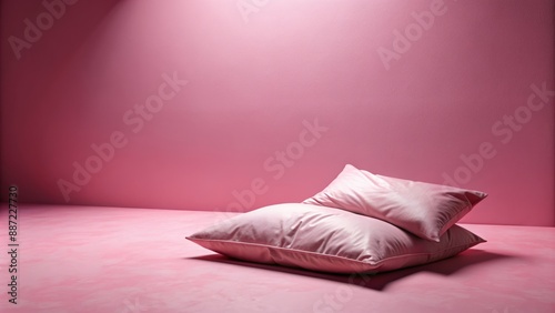 Soft pink background with a lone, crumpled pillow, evoking feelings of isolation, anxiety, and melancholic despair. photo