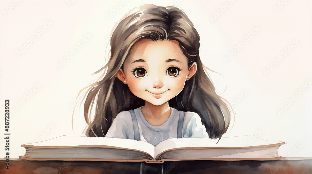 face of happy girl with a book in hands watercolor cart
