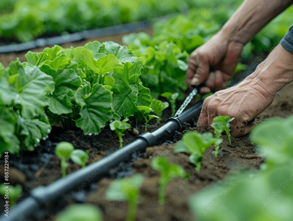 Close-up of hands adjusting an irrigation system in a field of lettuce. Close-up of hands adjusting an irrigation system in a field of lettuce.