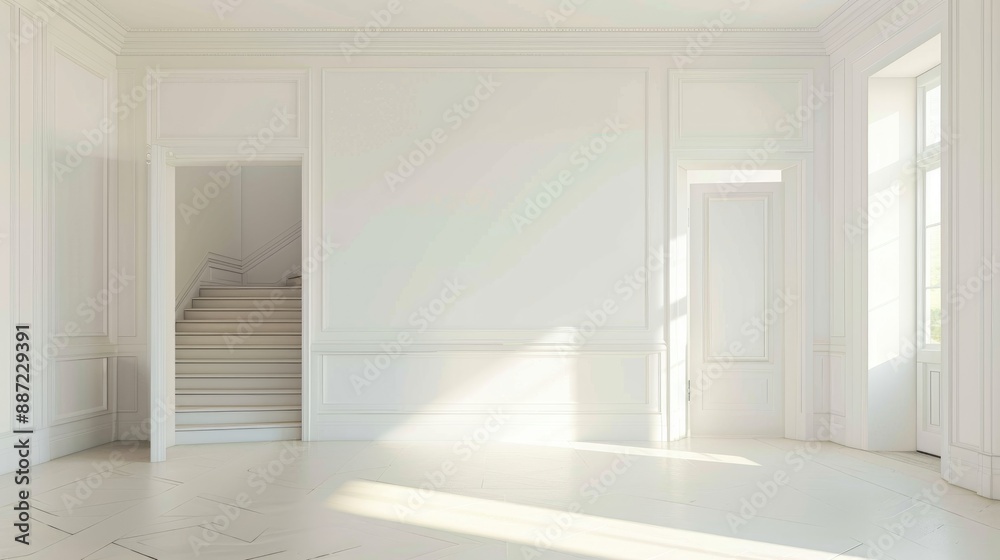 Room with white walls open door and staircase access